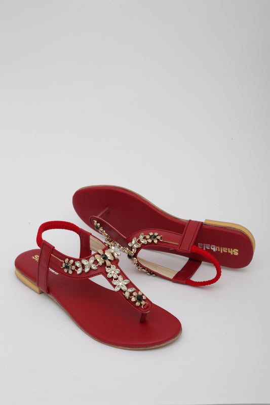Red Embellished Flat Sandals
