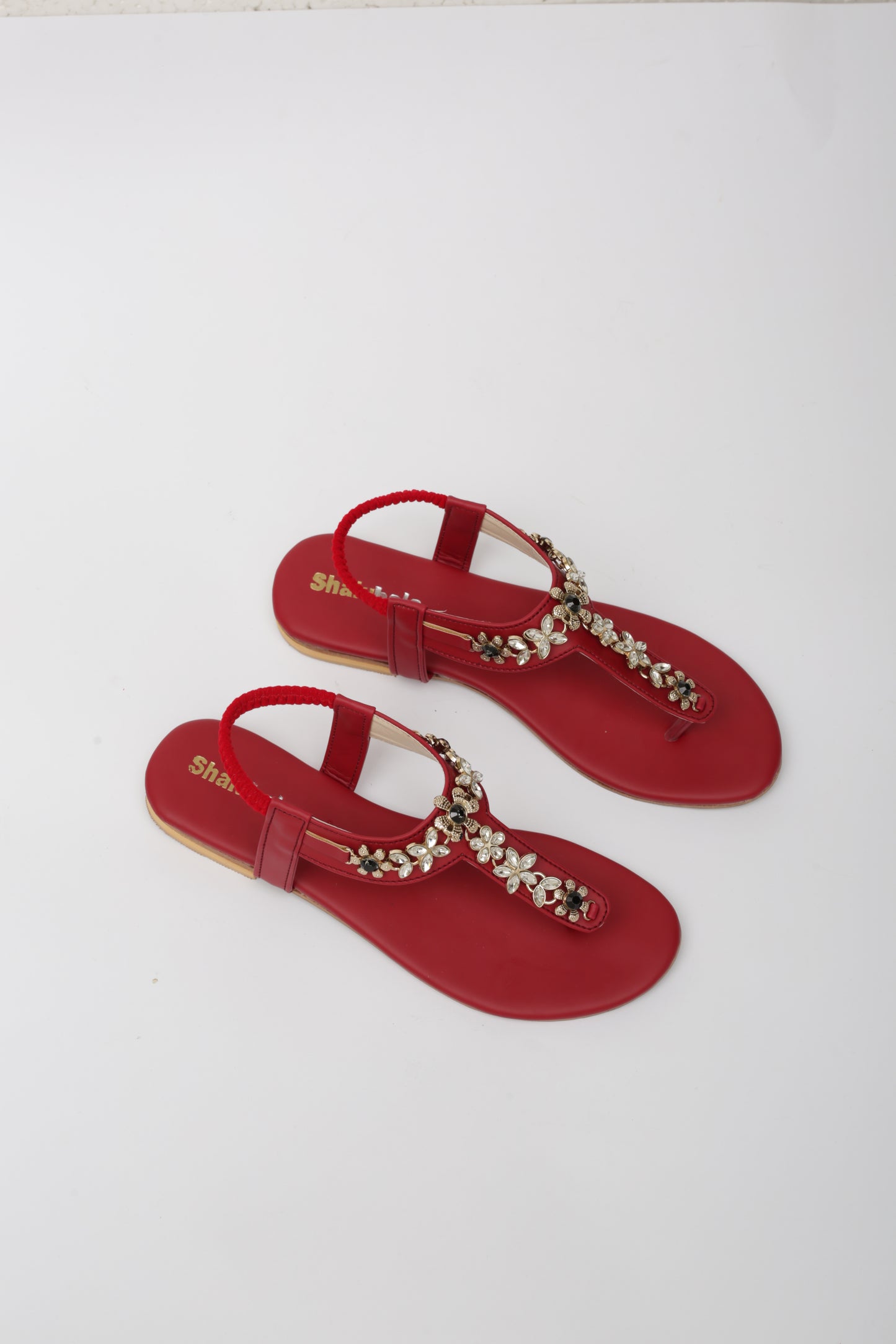 Red Embellished Flat Sandals