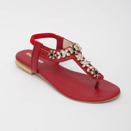 Red Embellished Flat Sandals